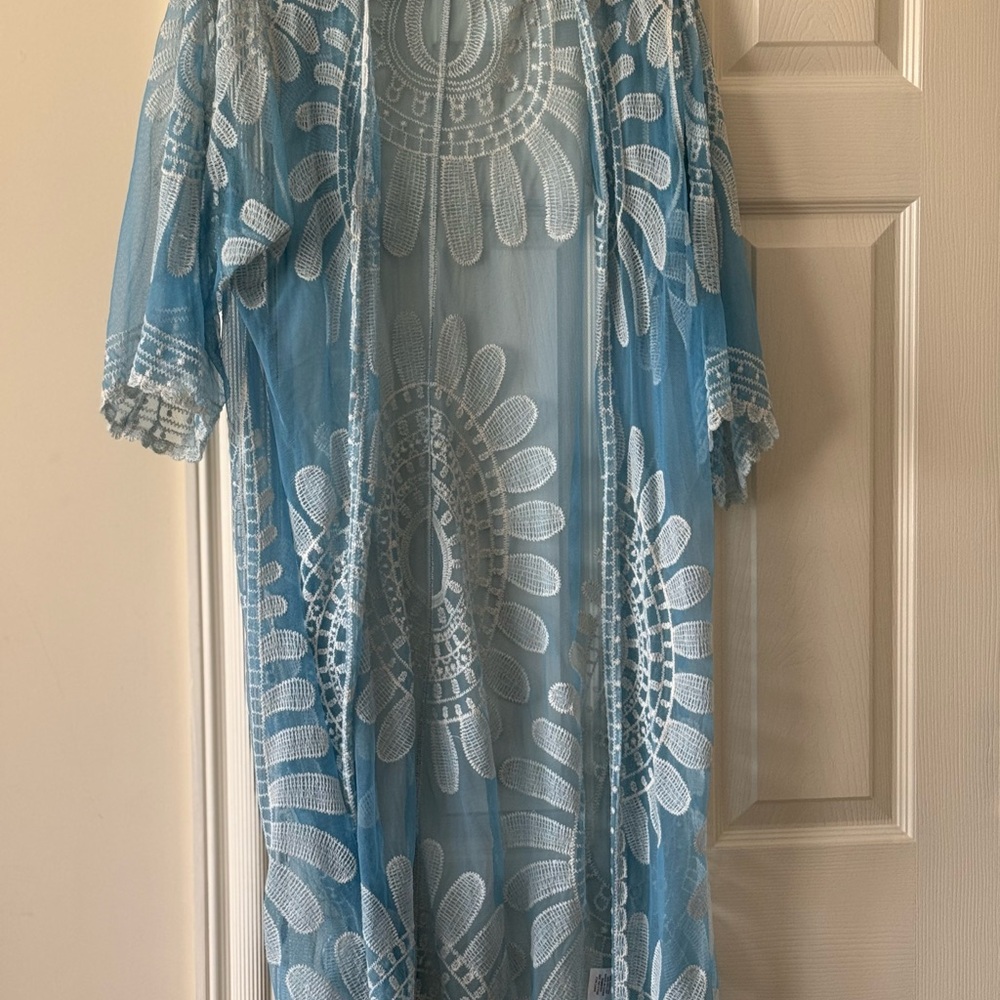 Rebellion light blue sheer embroidered overlay duster